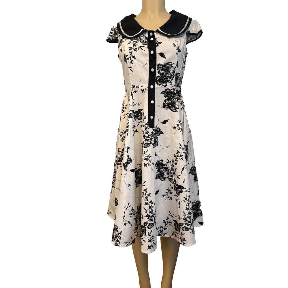 NWT H&R London Vintage Style Fit Flare Dress Sz 10 Black White Floral - Picture 3 of 14